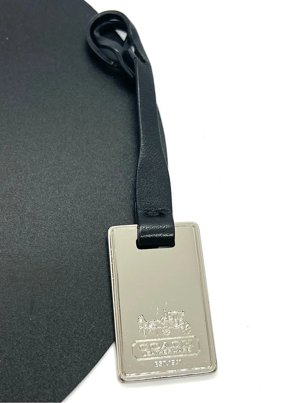 Coach Leatherware Metal Bag Hang Tag Silver Black Leather Key Fob Charm